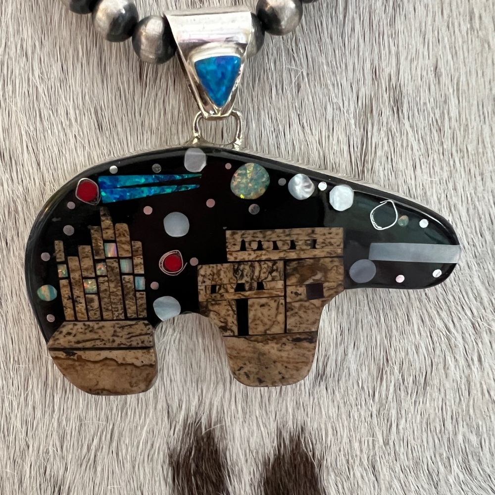 ❤️ Signed RD Zuni Galaxy Native American Navajo LG 925 Bear Pendant 13.6G Unisex - Picture 3 of 14